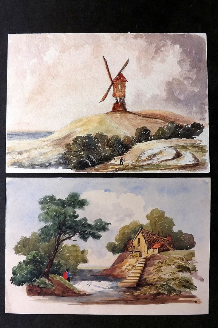 Original Art 19th Cent Pair of Landscape Watercolours. Windmill etc. Victorian (1 of 2)