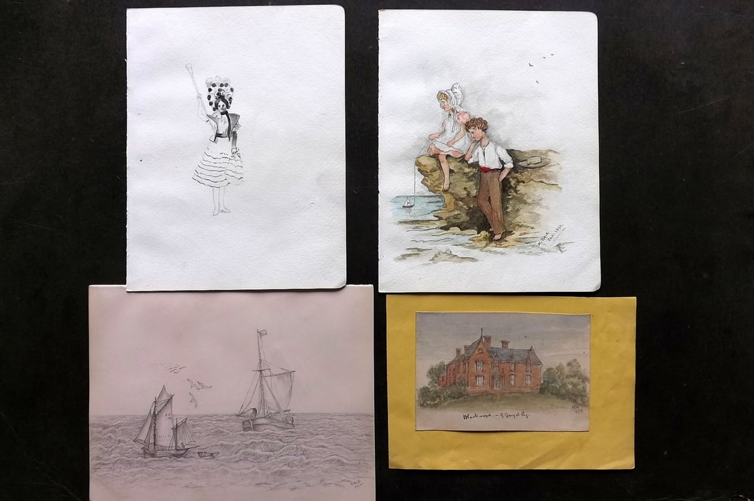 Original Art 19th-20th Cent. Mixed Lot of 4: Pencil Drawing and Watercolours. Mixed subjects. Latter Victorian to C1910. One signed M. Bale. Paper Size: Up to 10 x 7 inch (25 x 18cm) Good Condition