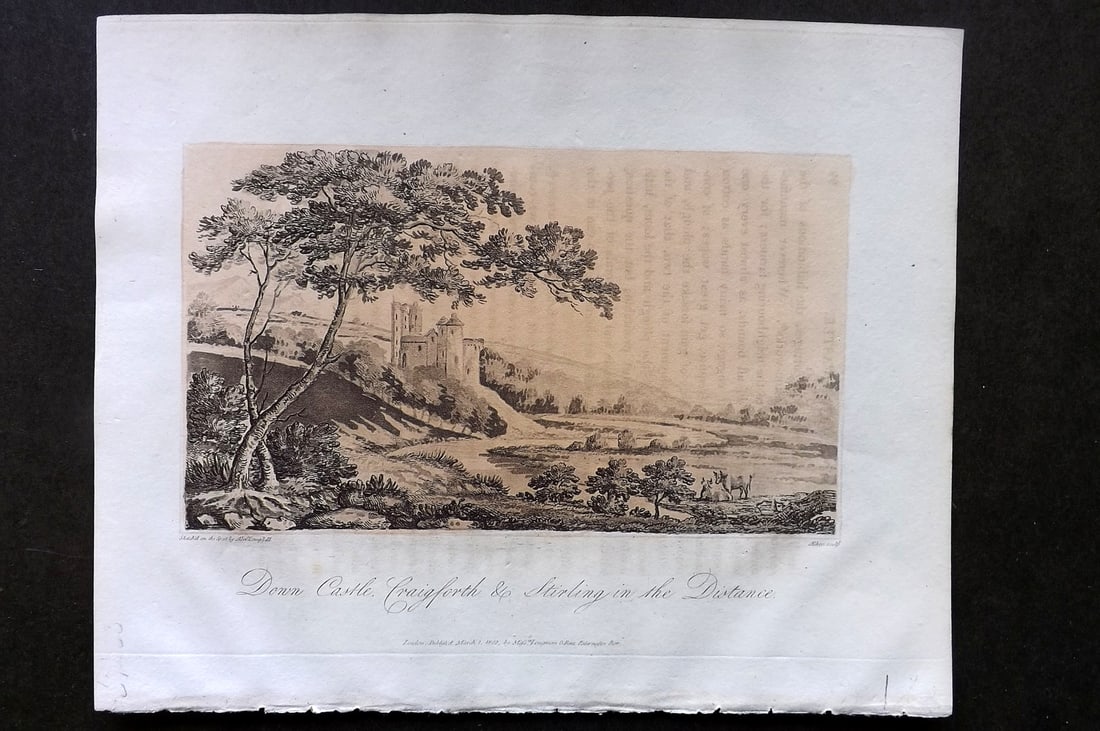 Campbell 1811 Antique Print. Down Castle, Craigforth & Stirling, Scotland: Aquatint Published 1811, London for "A Journey from Edinburgh Through Parts of North Britain" by Alexander Campbell. Paper Size: 10 x 8 inch (26 x 20cm) Very minor text offsetting. Good Condition