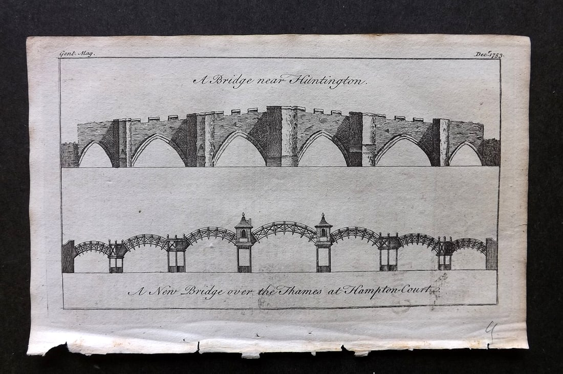 Gentleman's Mag. 1753 Print. Bridges over Thames at Hampton Court & near Huntingdon (1 of 1)
