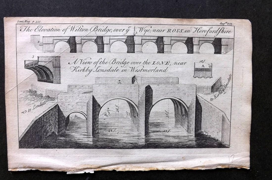 Gentleman's Mag. 1753 Print. Bridges at Ross, Hereford & Kirkby Lonsdale, Wesrmorland (1 of 1)