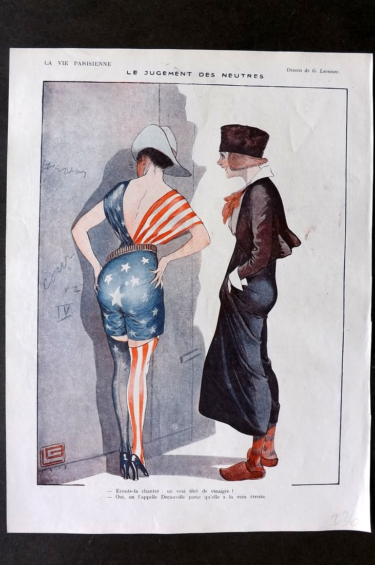 La Vie Parisienne 1917 Art Deco Print. Le Jugement des Neutres by Leonnec. USA: Lithographs Published 1917, Paris for "La Vie Parisienne" Illustrated by Lissac, Barbier, Vallet, Valee, Prejelan, Herouard, Fournier, Kuhn-Regnier, Georges Léonnec and others. Verso text, but none s
