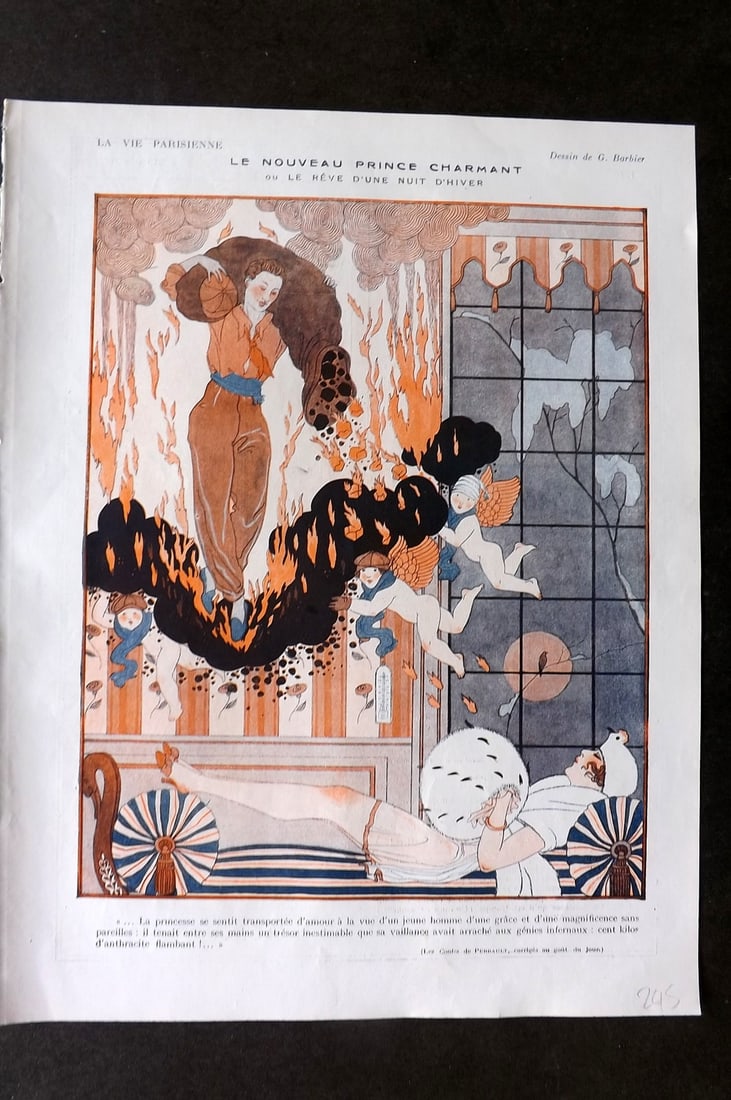 La Vie Parisienne 1917 Art Deco Print. Le Nouveau Prince Charmant by Barbier: Lithographs Published 1917, Paris for "La Vie Parisienne" Illustrated by Lissac, Barbier, Vallet, Valee, Prejelan, Herouard, Fournier, Kuhn-Regnier, Georges Léonnec and others. Verso text, but none s
