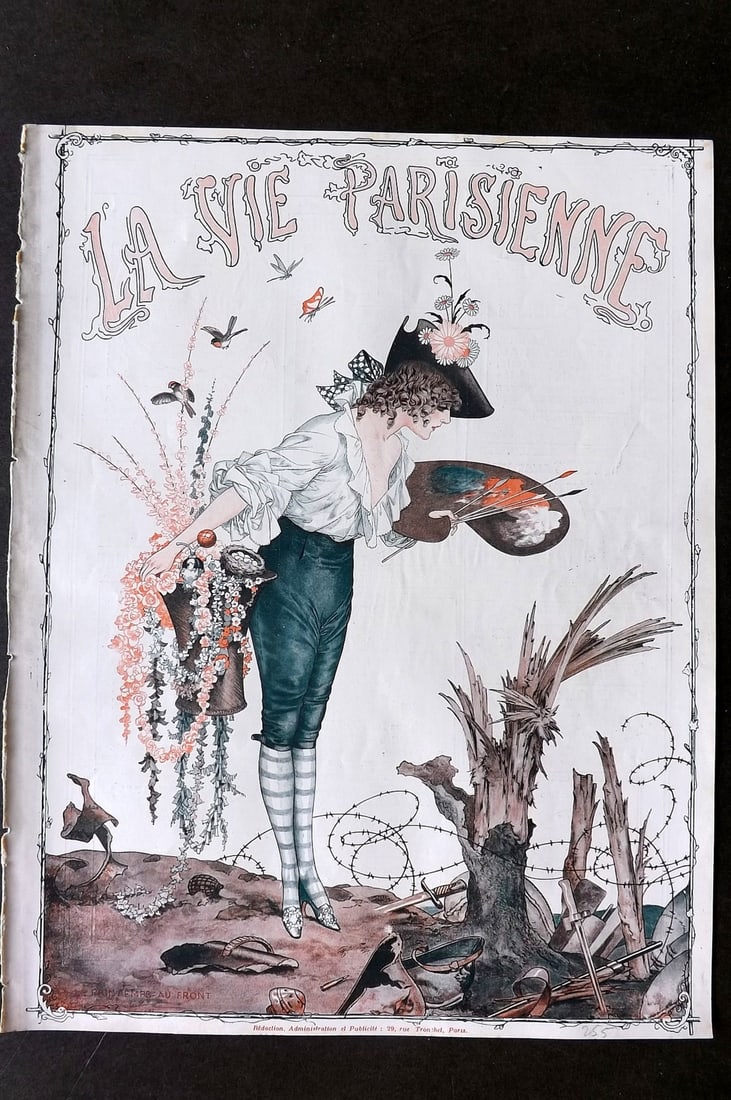 La Vie Parisienne 1917 Art Deco Print. Le Printemps au Front: Lithographs Published 1917, Paris for "La Vie Parisienne" Illustrated by Lissac, Barbier, Vallet, Valee, Prejelan, Herouard, Fournier, Kuhn-Regnier, Georges Léonnec and others. Verso text, but none s
