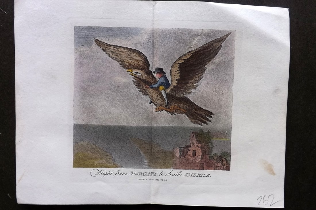 Munchausen & Cruikshank 1877 Satire Print. Flight from Margate to South America (1 of 1)