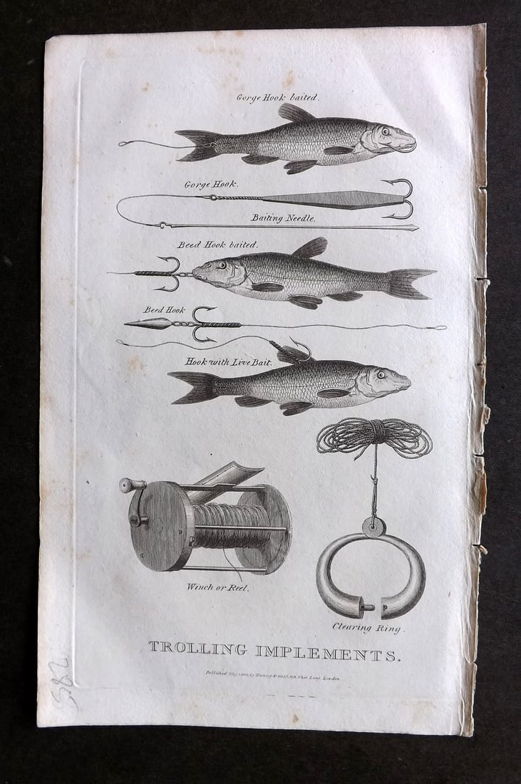 Daniel, William 1801 Antique Fish Print. Trolling Implements. Angling Fishing: Copper Plate Published 1801-02, London for "Rural Sports" First Edition by William Daniel. Paper Size: 9.5 x 5.5 inch (24 x 14cm) Very minor background toning. Good Condition