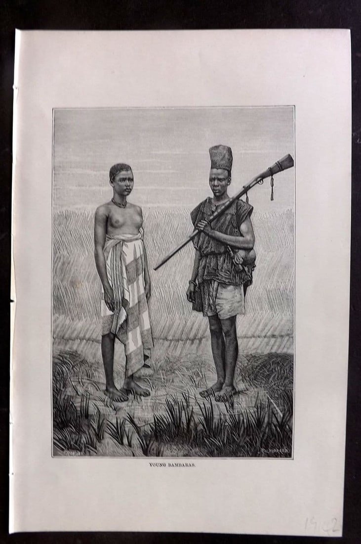 Reclus C1880 Antique Print. Young Bambaras. West Africa: Antique Wood Engraving Published 1876-94, London for "The Universal Geography" by Elisee Reclus. Edited by A. H. Keane. Reverse side blank. Paper Size: 10.5 x 7 inch (27 x 18cm) Good Condition