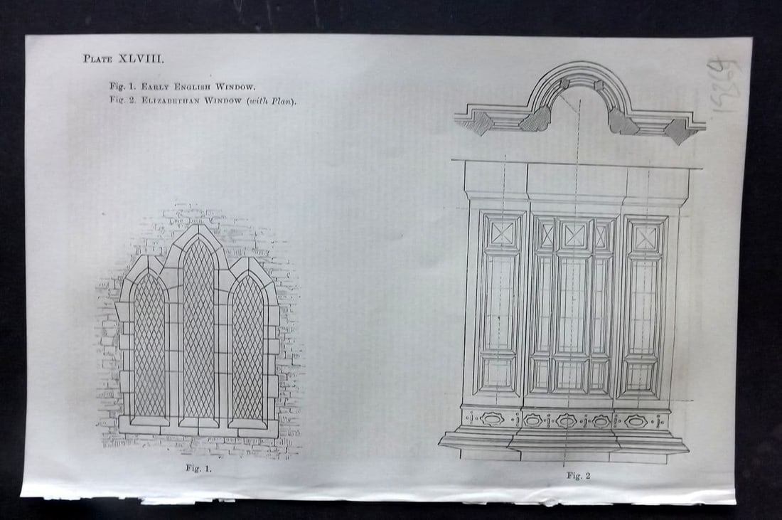 Beeton 1870 Antique Print. Early English & Elizabethan Window 48: Antique Wood Engraving (Reverse side blank) Published 1870, London for "Beeton's Science, Art, and Literature..." by Samuel Orchart Beeton. Paper Size: 8 x 5.5 inch (21 x 14cm) Good Condition