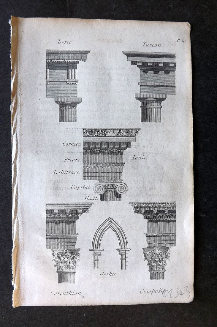 Blair 1834 Miniature Print. Architecure Columns: Antique Steel Engraving Published 1834, London for "The Universal Preceptor; or, General Grammar. " by the Rev. David Blair. Paper Size: 5.5 x 3.5 inch (14 x 9cm). Very minor text offsetting.