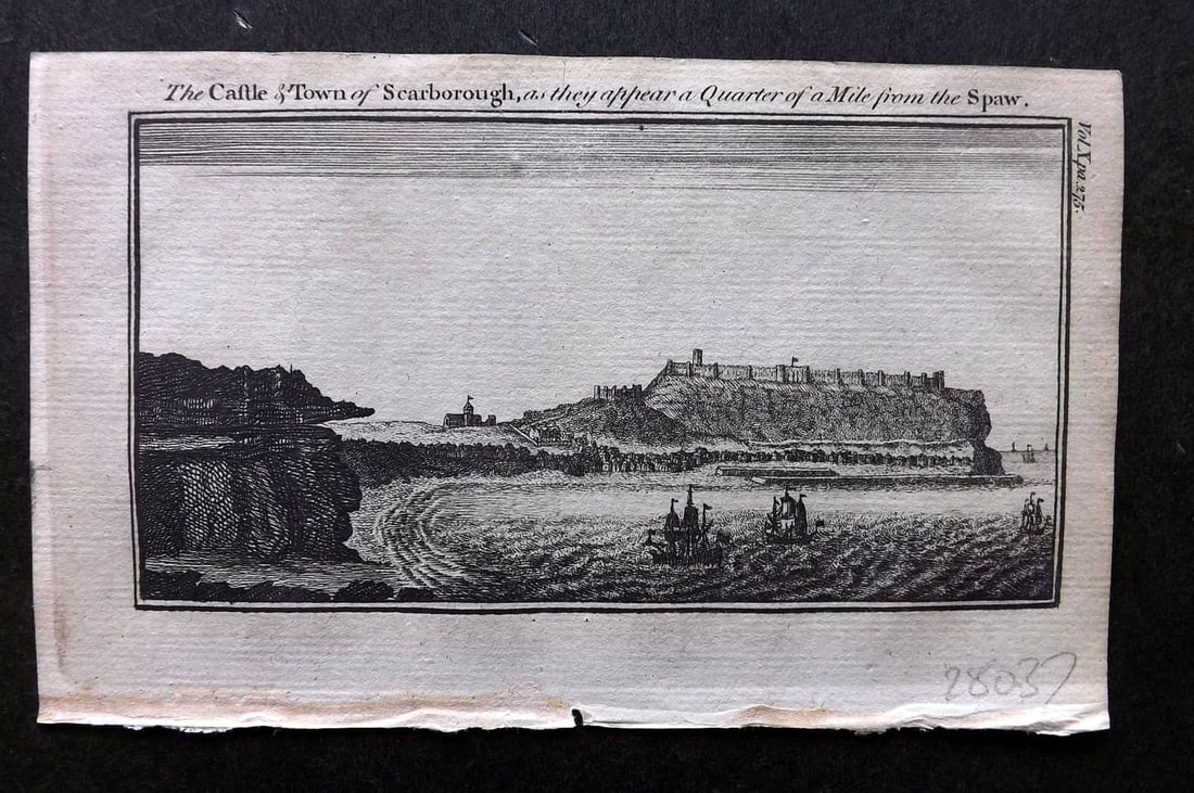 Newbery (Pub) 1770 Antique Print. Castle & Town of Scarborough. Ships: Antique Copper Plate Published 1769-75 by Newbery & Carnan, London for "A Description of England and Wales". Paper Size: 8 x 5 inch (21 x 13cm). Good Condition.
