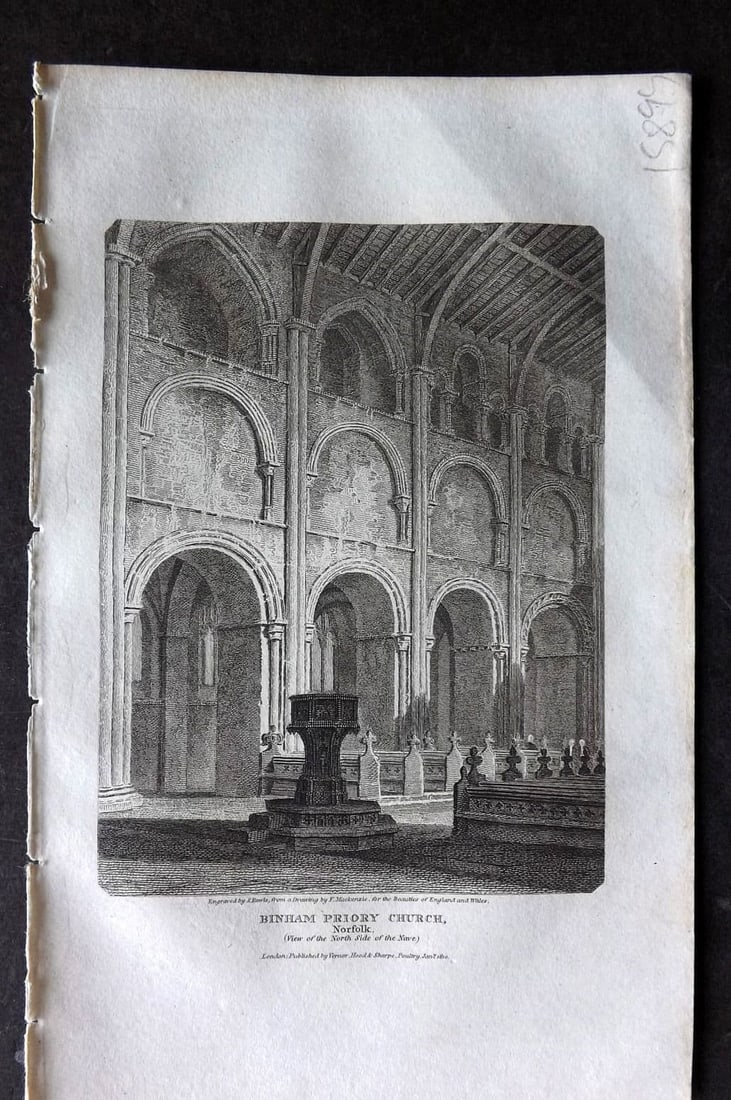 Britton C1810 Antique Print. Binham Priory Church, Norfolk: Antique Copper Plate Published 1801-18, London for "The Beauties of England and Wales" by John Britton et al. Paper Size: 8 x 5 inch (21 x 13cm). Good Condition.