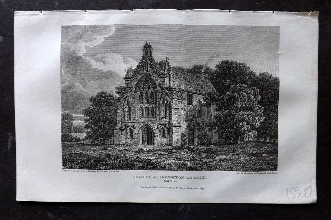 Britton C1810 Antique Print. Chapel at Houghton le Dale, Norfolk: Antique Copper Plate Published 1801-18, London for "The Beauties of England and Wales" by John Britton et al. Paper Size: 8 x 5 inch (21 x 13cm). Good Condition.