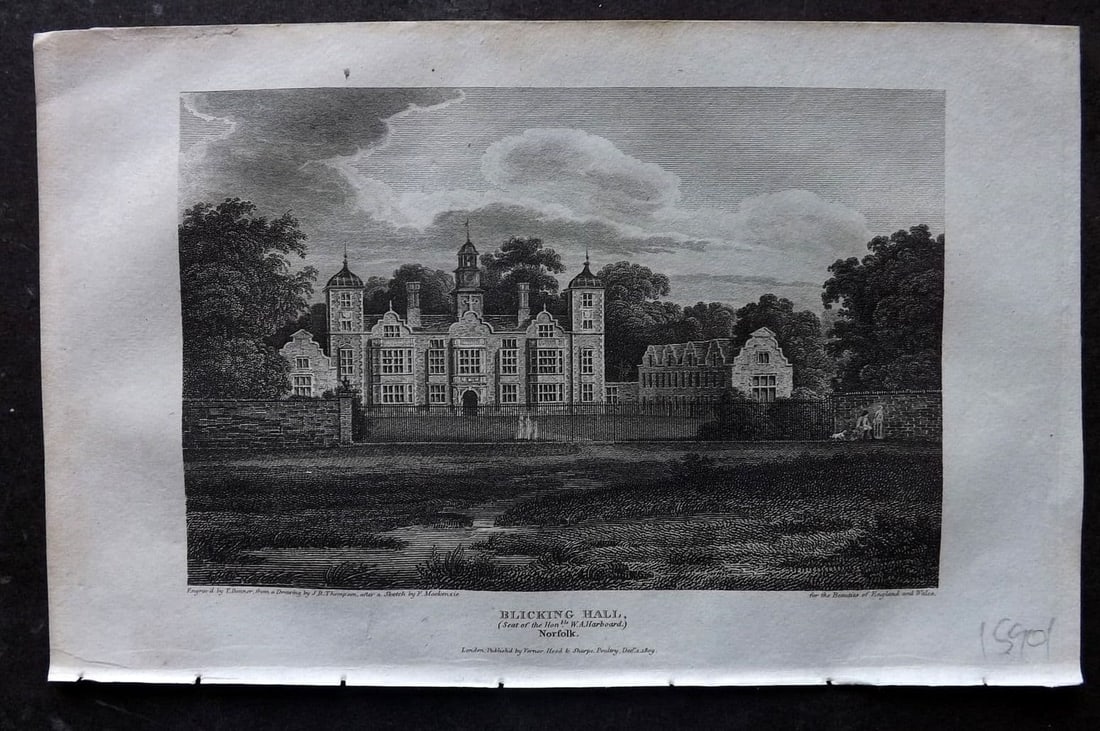 Britton C1810 Antique Print. Blicking Hall, Norfolk: Antique Copper Plate Published 1801-18, London for "The Beauties of England and Wales" by John Britton et al. Paper Size: 8 x 5 inch (21 x 13cm). Good Condition.