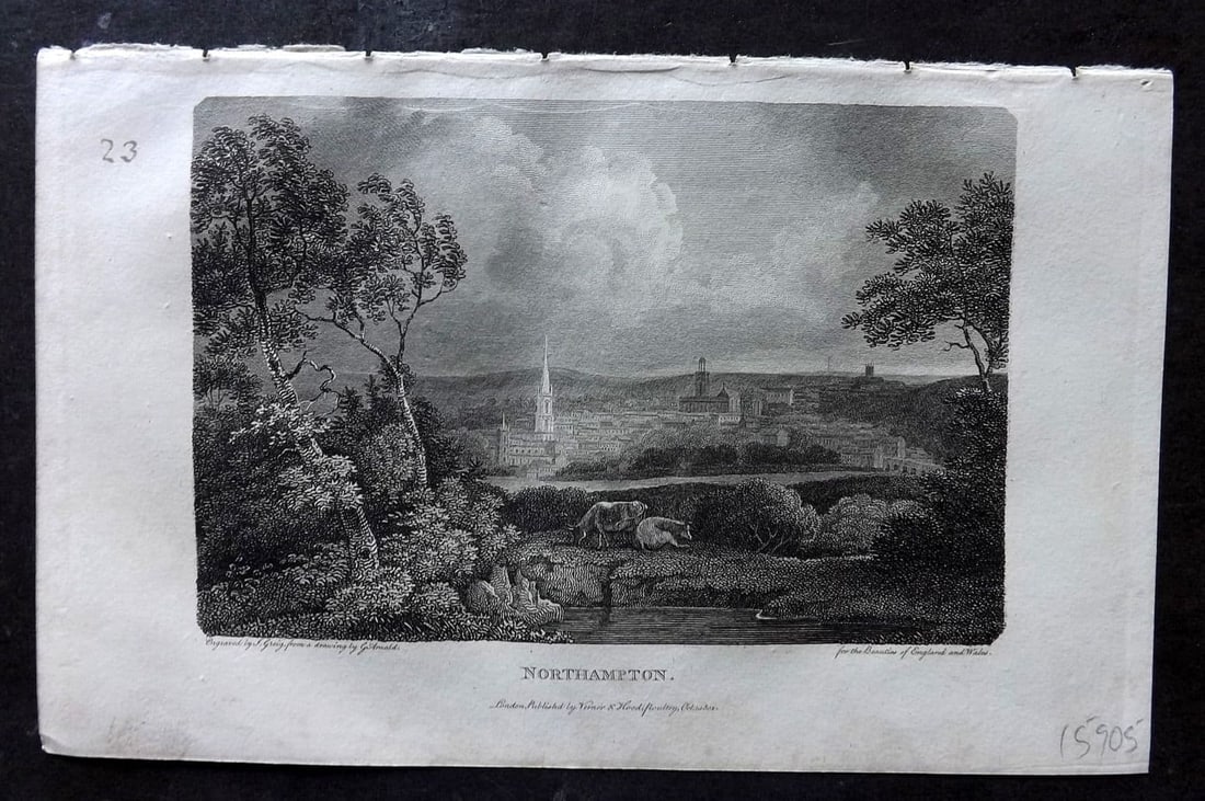 Britton C1810 Antique Print. Northampton: Antique Copper Plate Published 1801-18, London for "The Beauties of England and Wales" by John Britton et al. Tiny, old ink annotation in left margin. Paper Size: 8 x 5 inch (21 x 13cm). Good Conditio