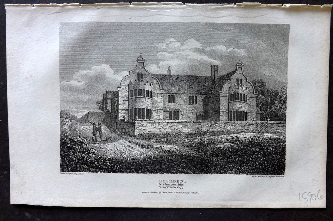 Britton C1810 Antique Print. Rushden, Northamptonshire: Antique Copper Plate Published 1801-18, London for "The Beauties of England and Wales" by John Britton et al. Paper Size: 8 x 5 inch (21 x 13cm). Good Condition.
