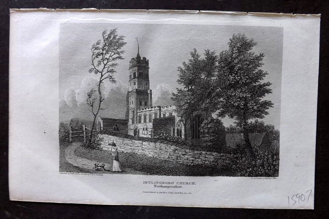 Britton C1810 Antique Print. Irtingboro Church, Northamptonshire: Antique Copper Plate Published 1801-18, London for "The Beauties of England and Wales" by John Britton et al. Paper Size: 8 x 5 inch (21 x 13cm). Good Condition.