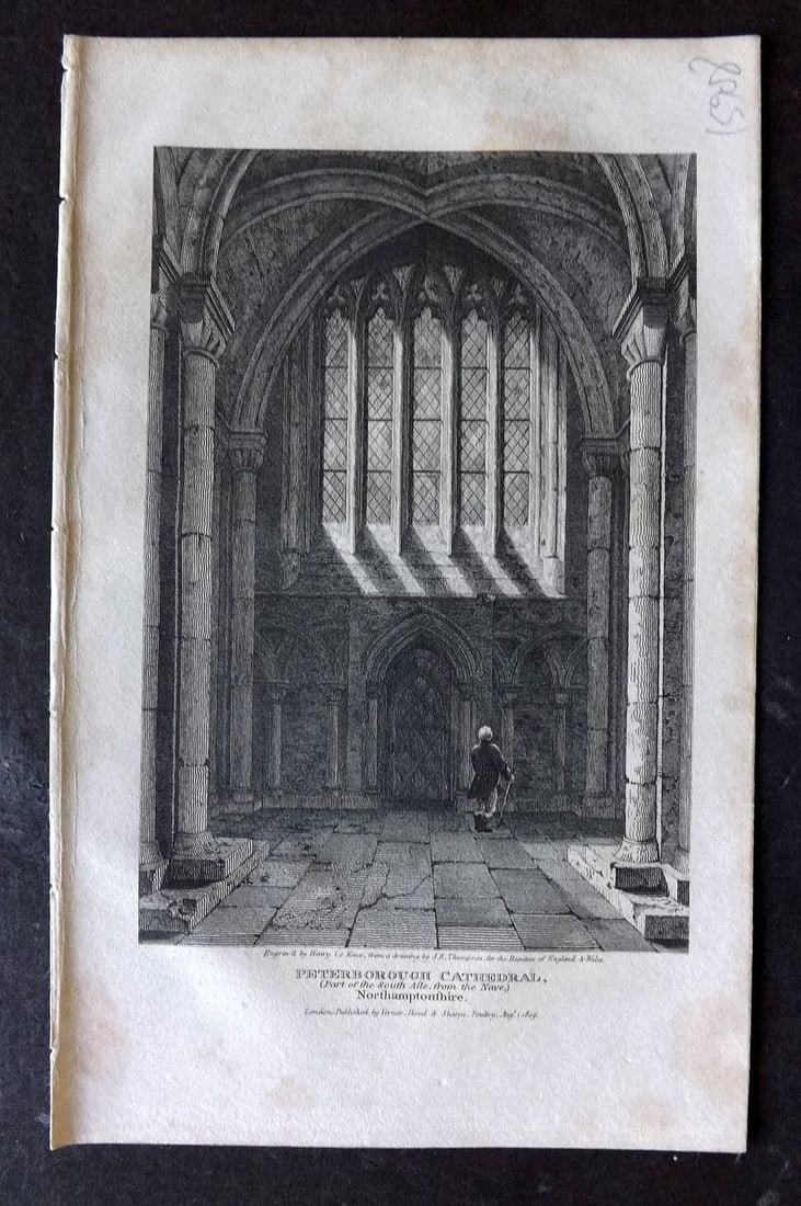 Britton C1810 Antique Print. Peterborough Cathedral, Northamptonshire: Antique Copper Plate Published 1801-18, London for "The Beauties of England and Wales" by John Britton et al. Paper Size: 8 x 5 inch (21 x 13cm). Some margin toning.