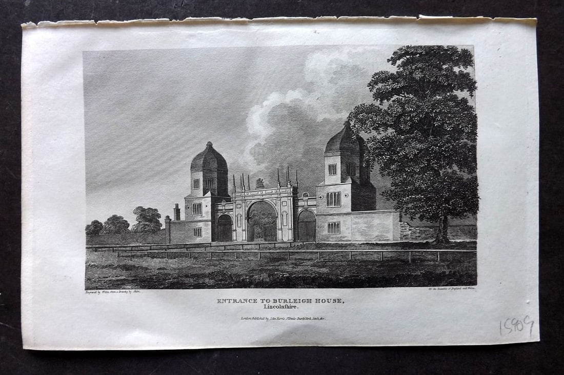 Britton C1810 Antique Print. Entrance to Burleigh House, Lincolnshire: Antique Copper Plate Published 1801-18, London for "The Beauties of England and Wales" by John Britton et al. Paper Size: 8 x 5 inch (21 x 13cm). Good Condition.