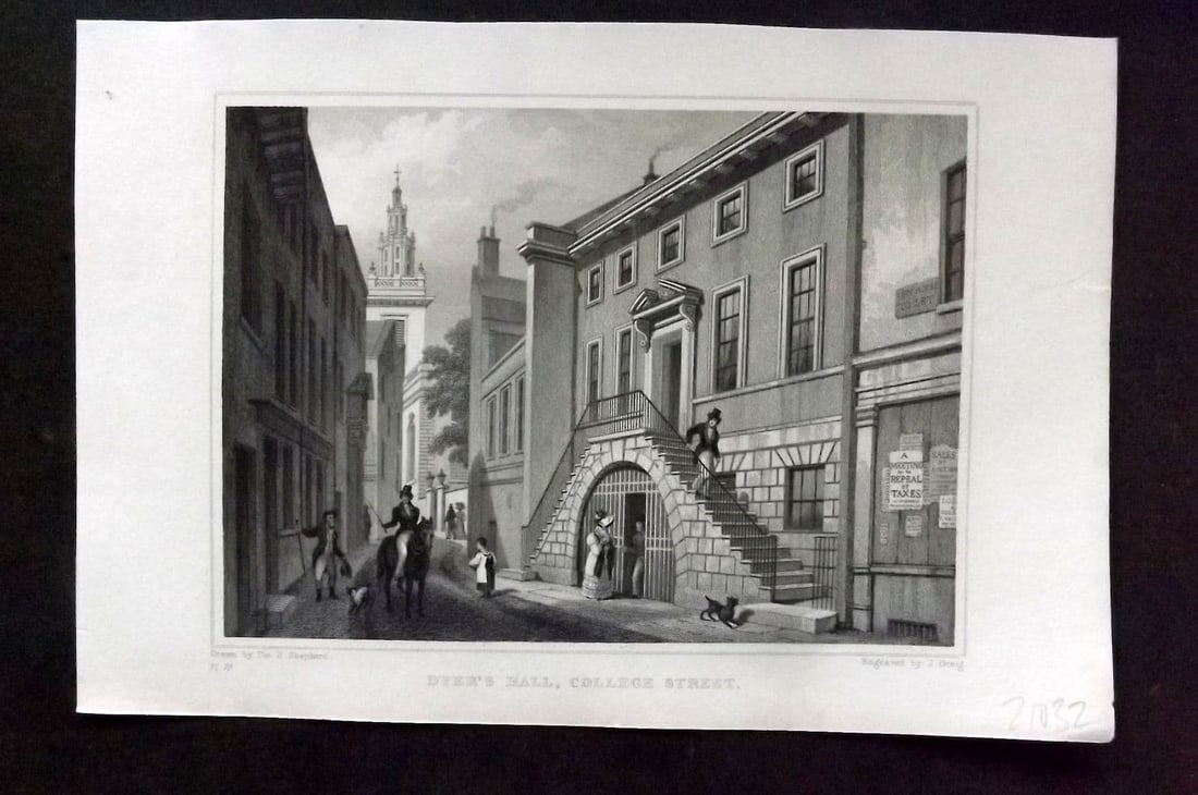 Shepherd C1830 Antique London Print. Dyer's Hall, College Street: Antique Steel Engraving Published 1827-31, London for "Metropolitan Improvements; or London in the Nineteenth Century" Illustrated by Thomas Shepherd. Paper Size: 8 x 5.5 inch (20 x 14cm) Approx. Good