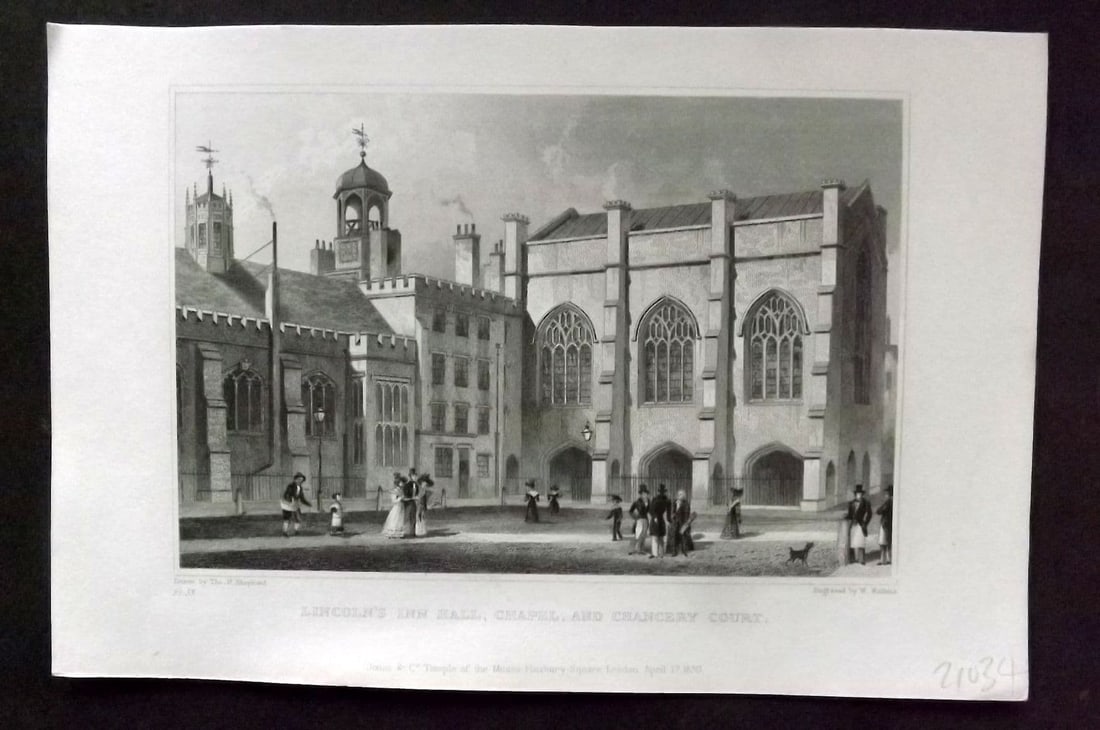 Shepherd C1830 Antique London Print. Lincoln's Inn Hall, Chapel & Chancery Court: Antique Steel Engraving Published 1827-31, London for "Metropolitan Improvements; or London in the Nineteenth Century" Illustrated by Thomas Shepherd. Paper Size: 8 x 5.5 inch (20 x 14cm) Approx. Good