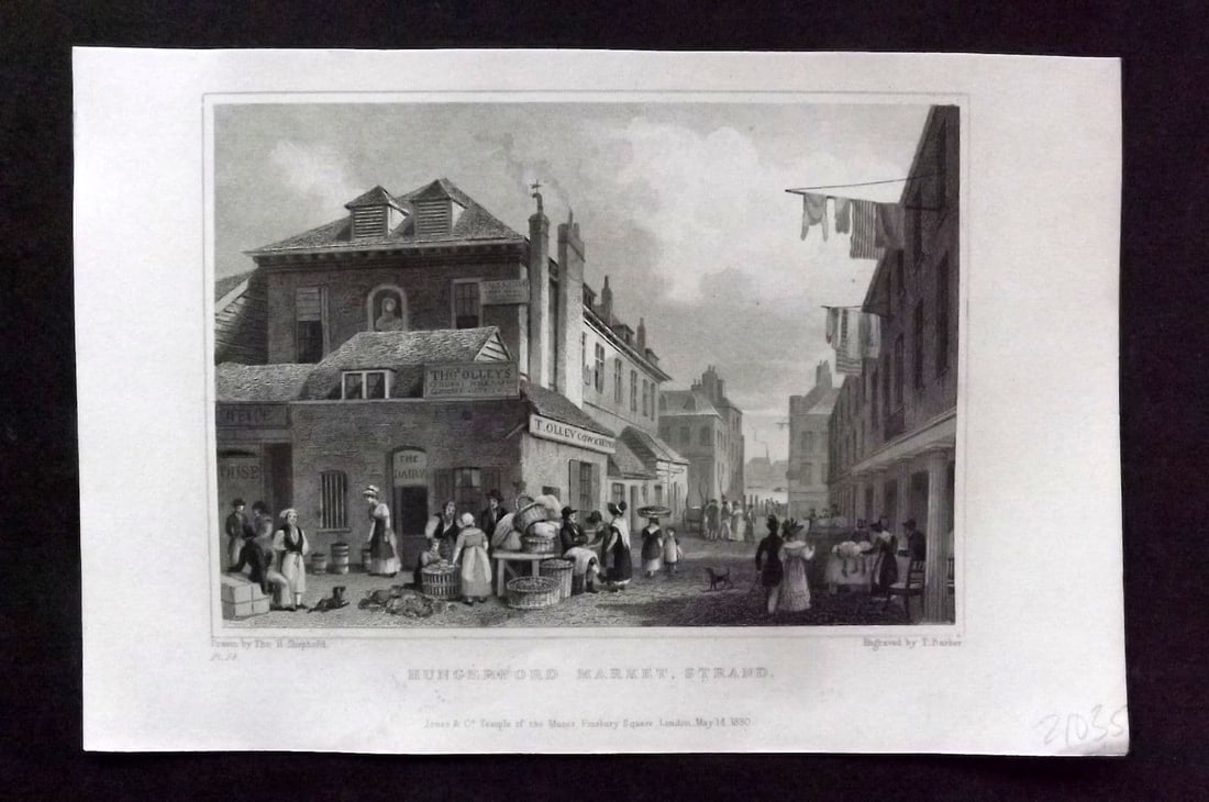 Shepherd C1830 Antique London Print. Hungerford Market, Strand: Antique Steel Engraving Published 1827-31, London for "Metropolitan Improvements; or London in the Nineteenth Century" Illustrated by Thomas Shepherd. Paper Size: 8 x 5.5 inch (20 x 14cm) Approx. Good