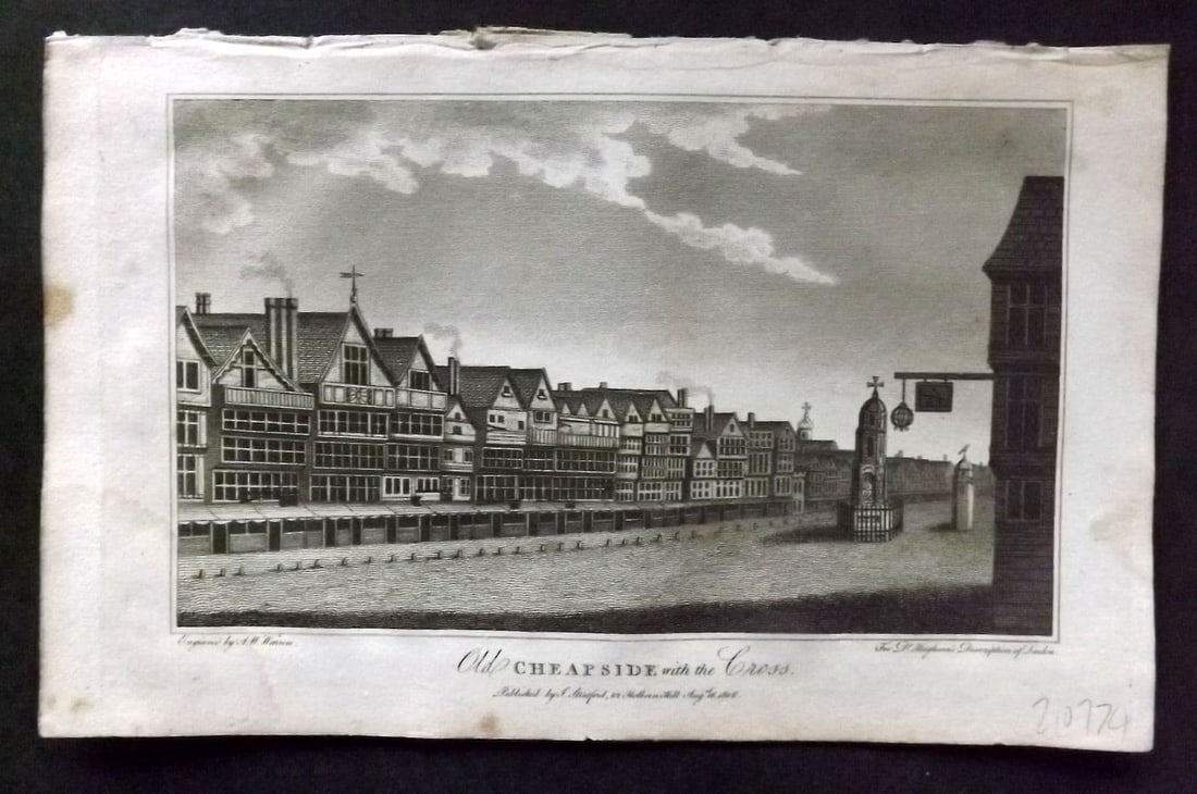 Hughson 1805 Antique Print. Old Cheapside with the Cross, London: Antique Copper Plate Published 1805-09, London for "London; Being and Accurate History and Description of the British Metropolis. " by David Hughson. Paper Size: 8 x 5 inch (20 x 13cm). Margin water s