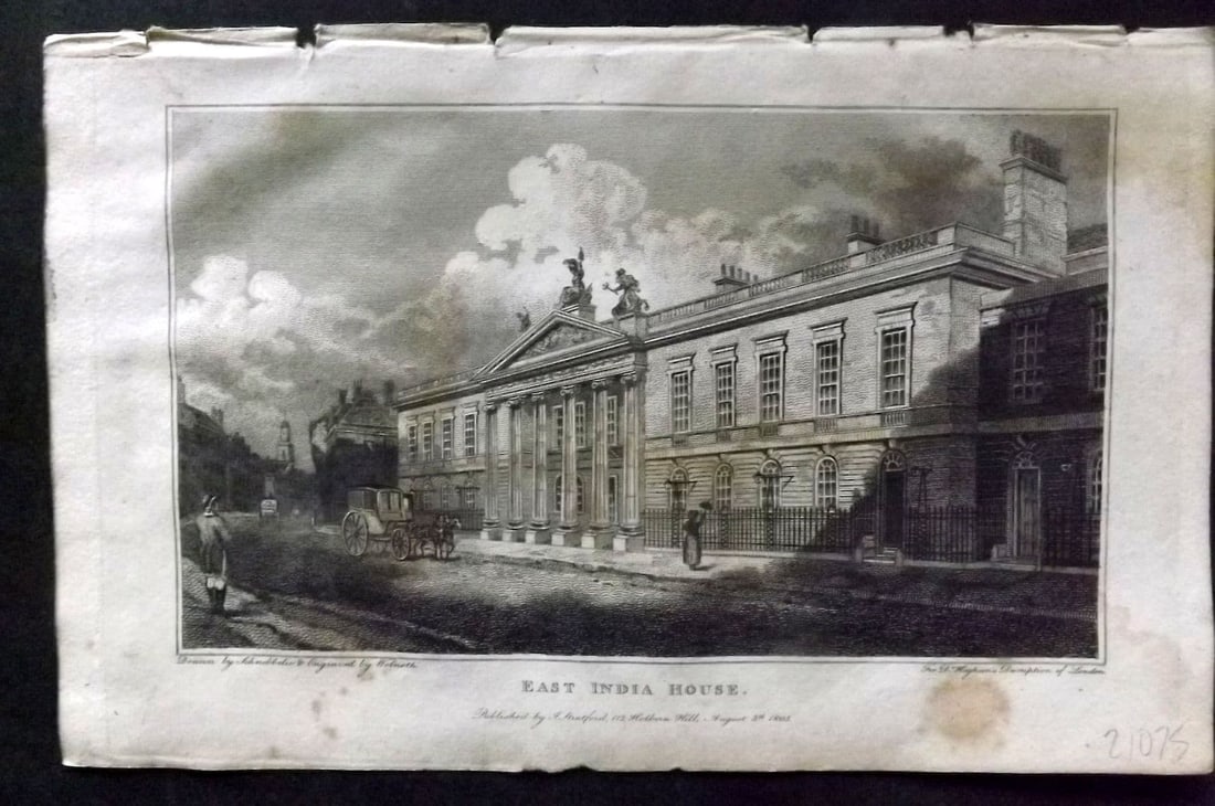 Hughson 1805 Antique Print. East India House, London: Antique Copper Plate Published 1805-09, London for "London; Being and Accurate History and Description of the British Metropolis. " by David Hughson. Paper Size: 8 x 5 inch (20 x 13cm). Minor toning p