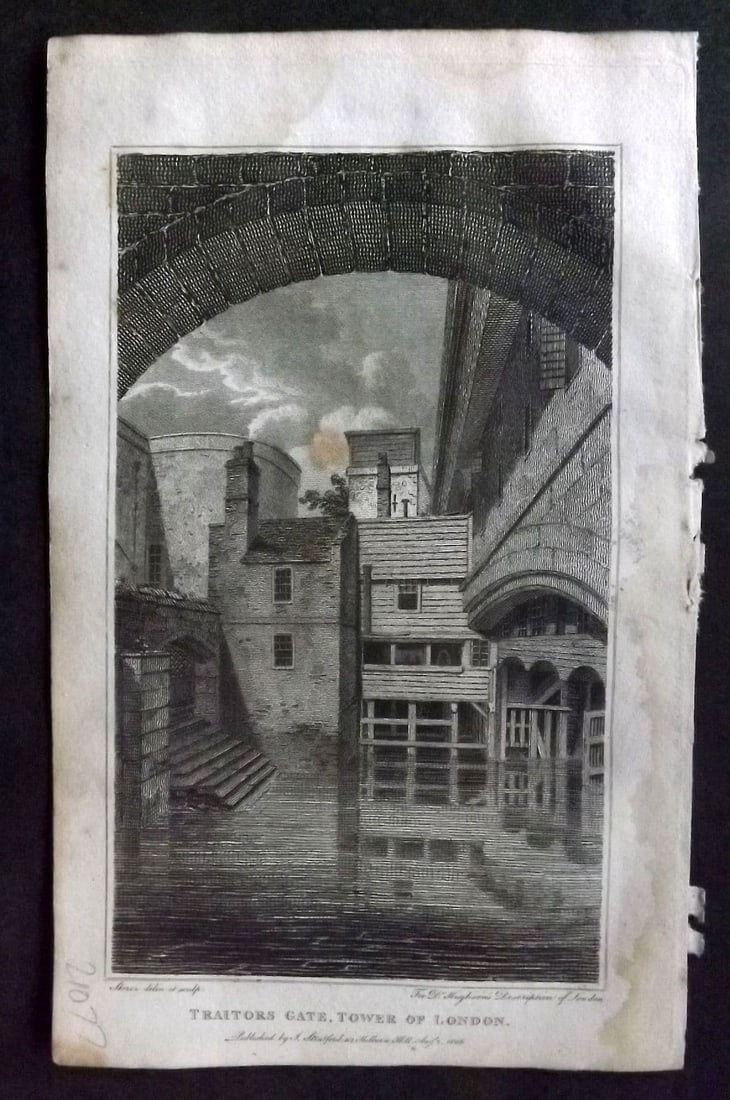 Hughson 1805 Antique Print. Traitors Gate, Tower of London: Antique Copper Plate Published 1805-09, London for "London; Being and Accurate History and Description of the British Metropolis. " by David Hughson. Paper Size: 8 x 5 inch (20 x 13cm). Very minor ton