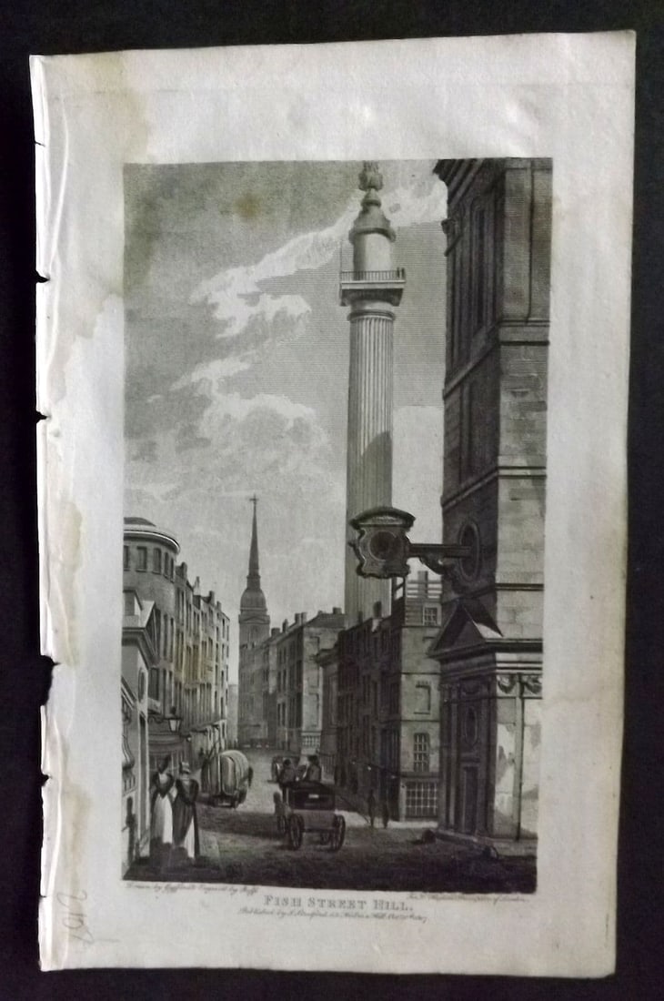 Hughson 1805 Antique Print. Fish Street Hill, London: Antique Copper Plate Published 1805-09, London for "London; Being and Accurate History and Description of the British Metropolis. " by David Hughson. Paper Size: 8 x 5 inch (20 x 13cm). Very minor ton