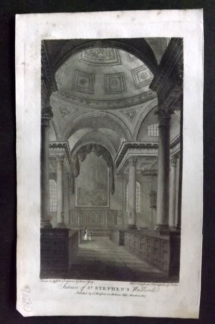 Hughson 1805 Antique Print. Interior of St. Stephens, Walbrook, London (1 of 1)