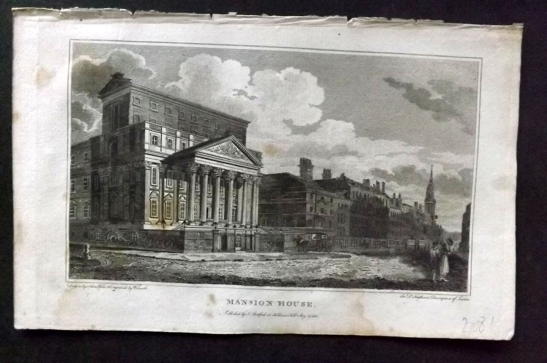 Hughson 1805 Antique Print. Mansion House, London: Antique Copper Plate Published 1805-09, London for "London; Being and Accurate History and Description of the British Metropolis. " by David Hughson. Paper Size: 8 x 5 inch (20 x 13cm). Very minor ton