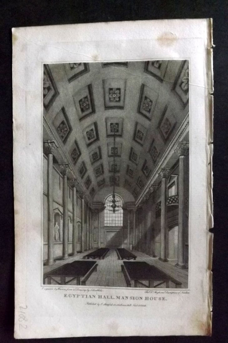 Hughson 1805 Antique Print. Egyptian Hall, Mansion House, London: Antique Copper Plate Published 1805-09, London for "London; Being and Accurate History and Description of the British Metropolis. " by David Hughson. Paper Size: 8 x 5 inch (20 x 13cm). Very minor ton