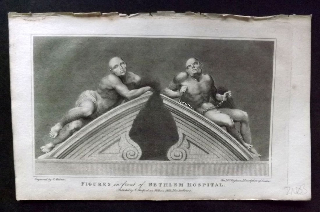 Hughson 1805 Antique Print. Figures in front of Bethlem Hospital, London: Antique Copper Plate Published 1805-09, London for "London; Being and Accurate History and Description of the British Metropolis. " by David Hughson. Paper Size: 8 x 5 inch (20 x 13cm). Good Condition