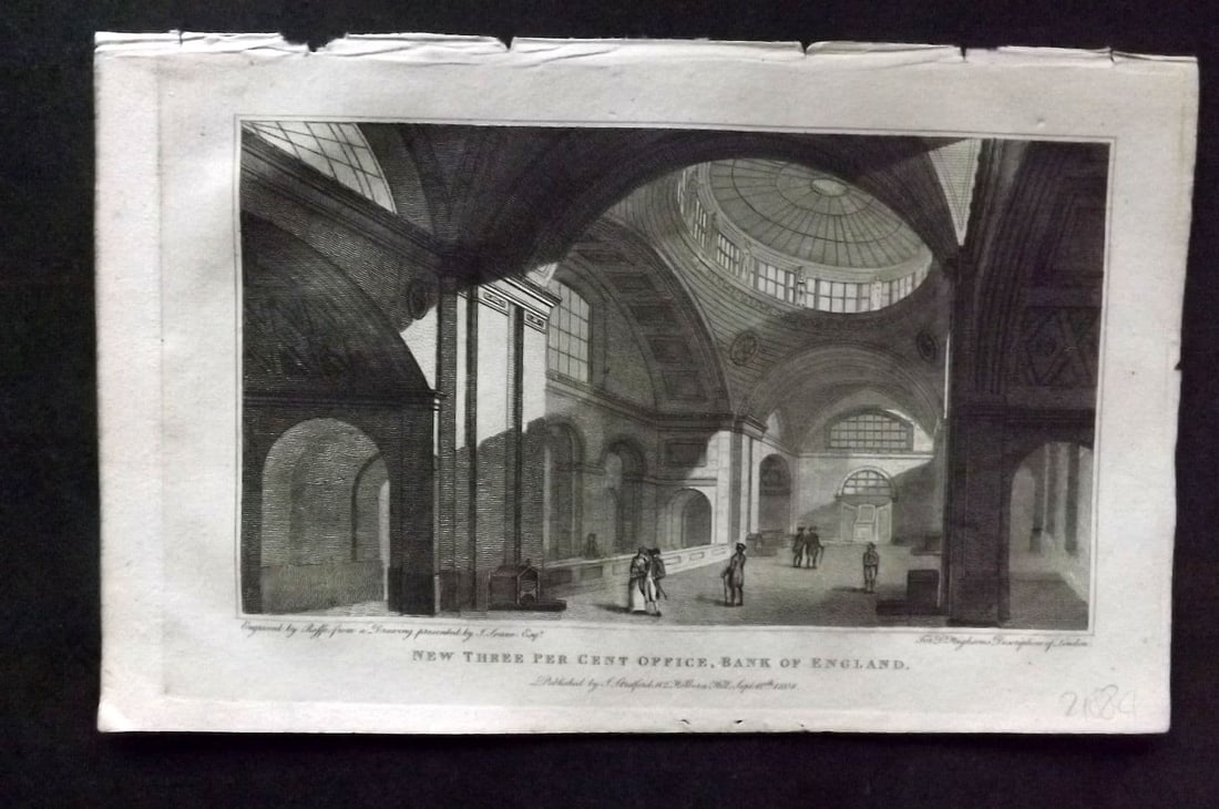 Hughson 1805 Antique Print. New Three Perccent Office, Bank of England London: Antique Copper Plate Published 1805-09, London for "London; Being and Accurate History and Description of the British Metropolis. " by David Hughson. Paper Size: 8 x 5 inch (20 x 13cm). Good Condition