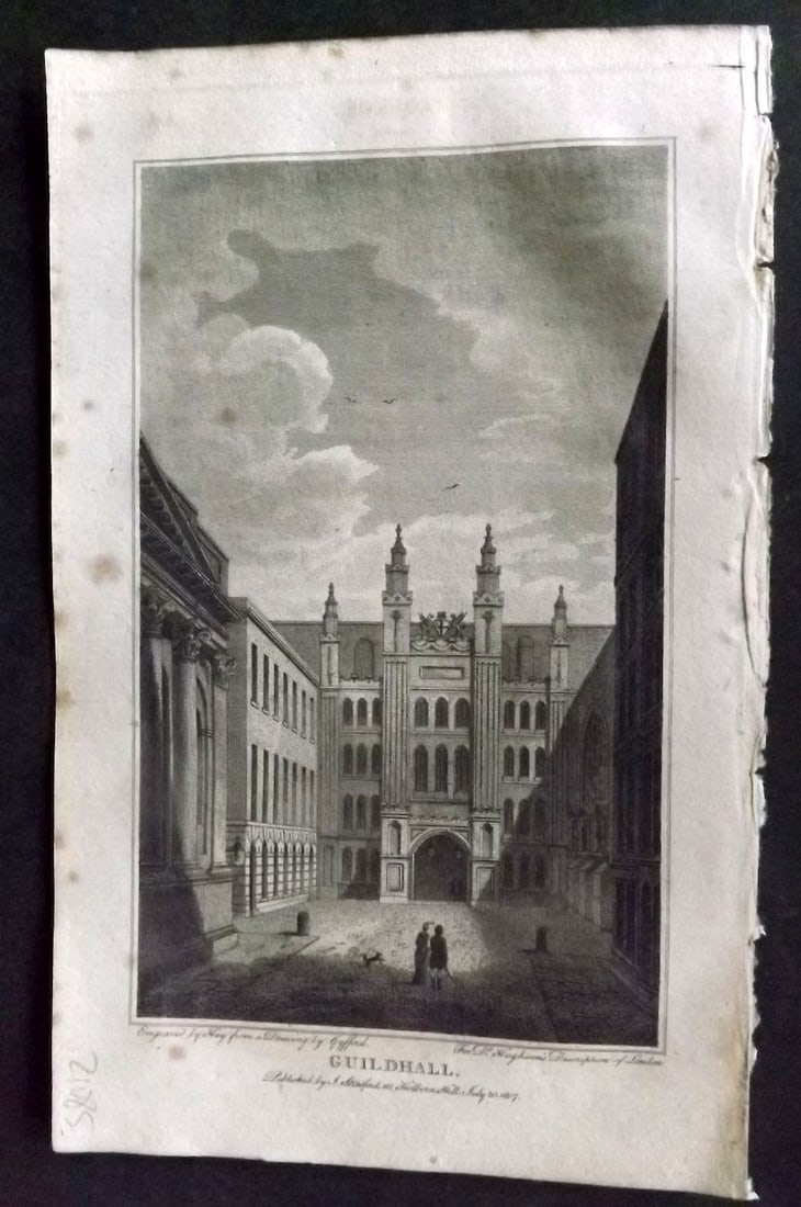 Hughson 1805 Antique Print. Guildhall, London: Antique Copper Plate Published 1805-09, London for "London; Being and Accurate History and Description of the British Metropolis. " by David Hughson. Paper Size: 8 x 5 inch (20 x 13cm). Minor toning p