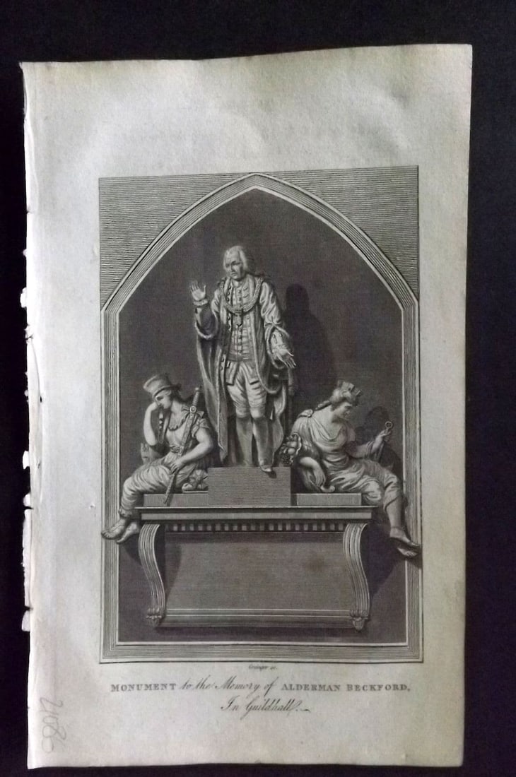 Hughson 1805 Print. Monument to Memory of Alderman Beckford, Guildhall London: Antique Copper Plate Published 1805-09, London for "London; Being and Accurate History and Description of the British Metropolis. " by David Hughson. Paper Size: 8 x 5 inch (20 x 13cm) Tiny tone spot 