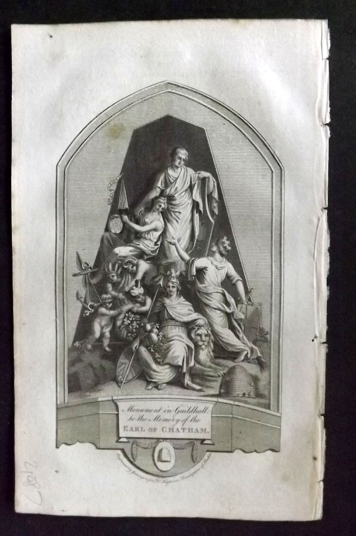Hughson 1805 Print. Monument in Guildhall to the Memory of the Earl of Chatham: Antique Copper Plate Published 1805-09, London for "London; Being and Accurate History and Description of the British Metropolis. " by David Hughson. Paper Size: 8 x 5 inch (20 x 13cm) Tiny tone spot 