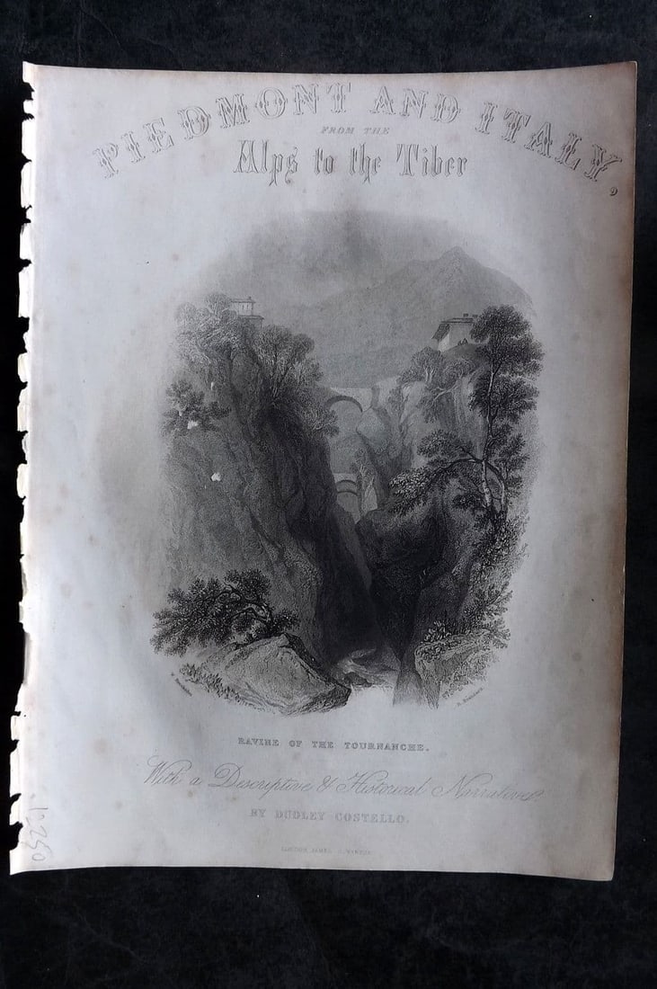 Costello - Piedmont and Italy 1861 Print. Ravine of the Tournanche Illus. Title Vol 1: Antique Steel Engraving Published 1861, London for "Piedmont and Italy, from the Alps to the Tiber..." by Dudley Costello. Illustrated by Bartlett, Brockedon and others. Paper Size: 10.5 x 8 inch (27 