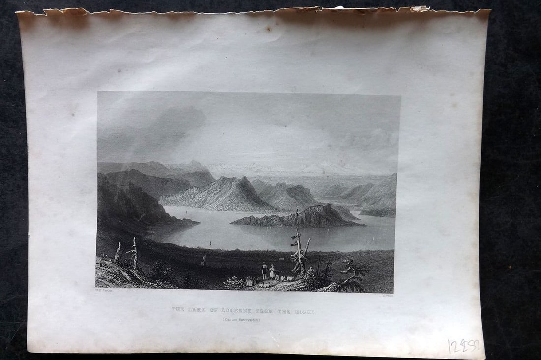 Costello - Piedmont and Italy 1861 Print. Lake of Lucerne, Unterwalden Switzerland: Antique Steel Engraving Published 1861, London for "Piedmont and Italy, from the Alps to the Tiber..." by Dudley Costello. Illustrated by Bartlett, Brockedon and others. Paper Size: 10.5 x 8 inch (27 