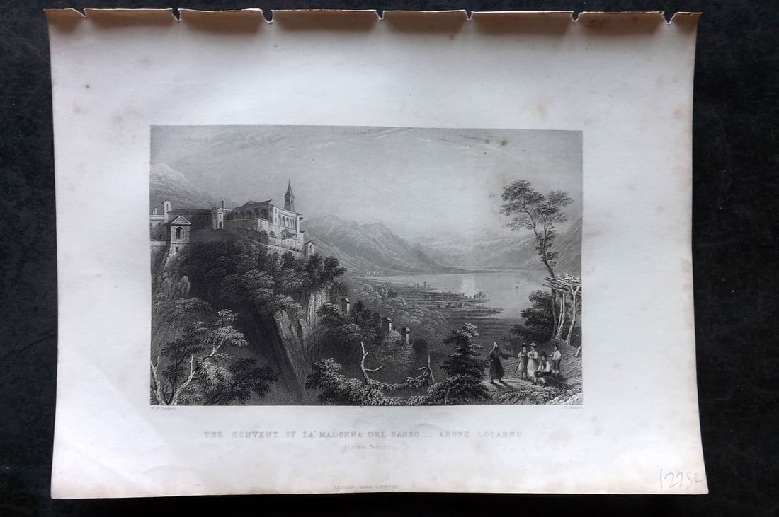 Costello - Piedmont 1861 Convent of La' Madonna del Sasso, Locarno Swtizerland: Antique Steel Engraving Published 1861, London for "Piedmont and Italy, from the Alps to the Tiber..." by Dudley Costello. Illustrated by Bartlett, Brockedon and others. Paper Size: 10.5 x 8 inch (27 