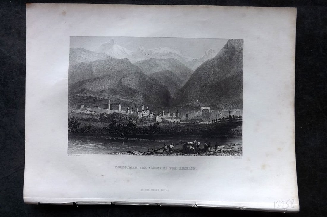Costello - Piedmont and Italy 1861 Print. Brig, with the Ascent of the Simplon: Antique Steel Engraving Published 1861, London for "Piedmont and Italy, from the Alps to the Tiber..." by Dudley Costello. Illustrated by Bartlett, Brockedon and others. Paper Size: 10.5 x 8 inch (27 