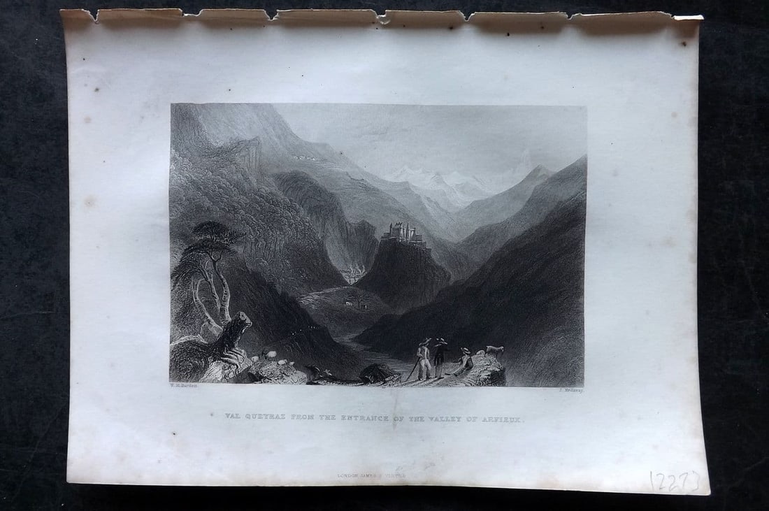 Costello - Piedmont and Italy 1861 Print. Val Queyraz from Valley of Arvieux: Antique Steel Engraving Published 1861, London for "Piedmont and Italy, from the Alps to the Tiber..." by Dudley Costello. Illustrated by Bartlett, Brockedon and others. Paper Size: 10.5 x 8 inch (27 