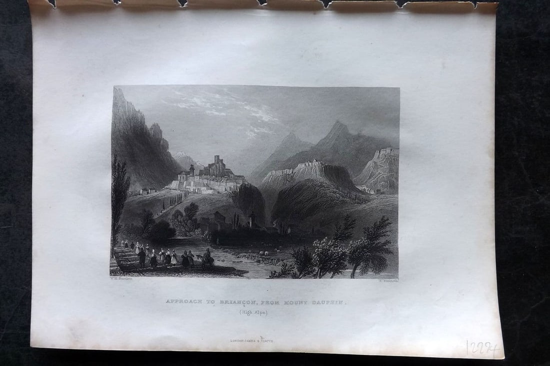 Costello - Piedmont & Italy 1861 Approach to Briancon from Mount Dauphin. Alps: Antique Steel Engraving Published 1861, London for "Piedmont and Italy, from the Alps to the Tiber..." by Dudley Costello. Illustrated by Bartlett, Brockedon and others. Paper Size: 10.5 x 8 inch (27 
