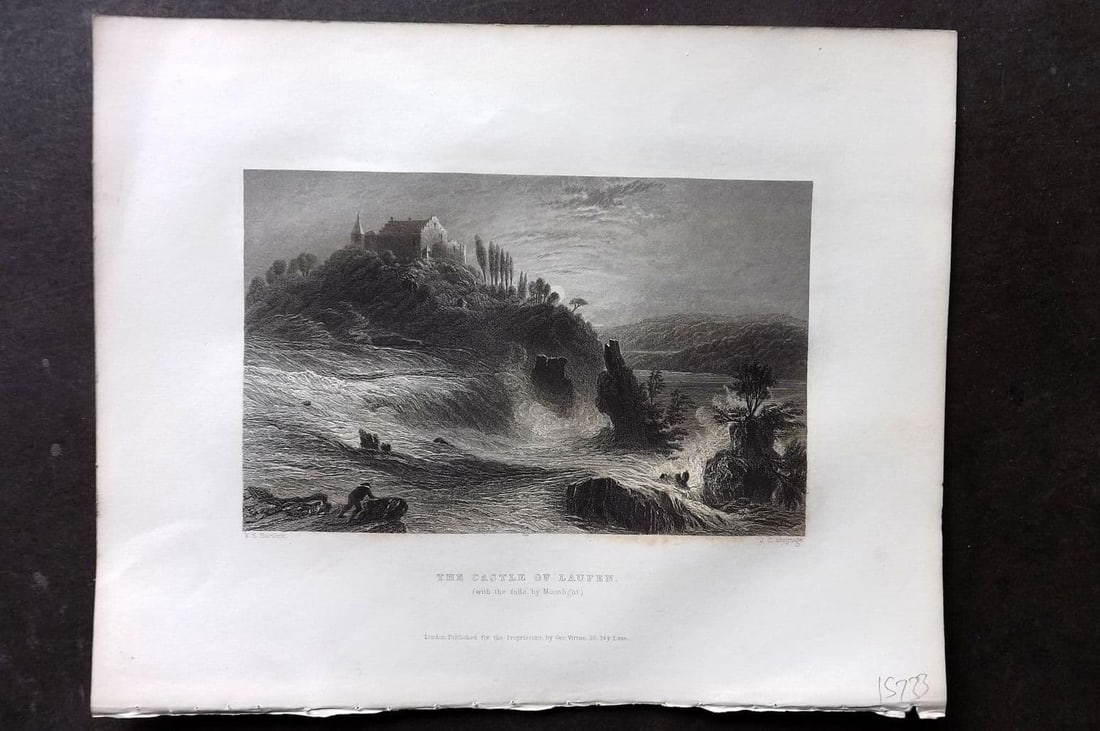 Bartlett Switzerland C1840 Antique Print. Castle of Laufen: Antique Steel Engraving Published 1836-C1840 by George Virtue, London for "Switzerland Illustrated..." by William Beattie. Illustrated by William Bartlett. Paper Size: 10.5 x 8 inch (27 x 21cm) Good C