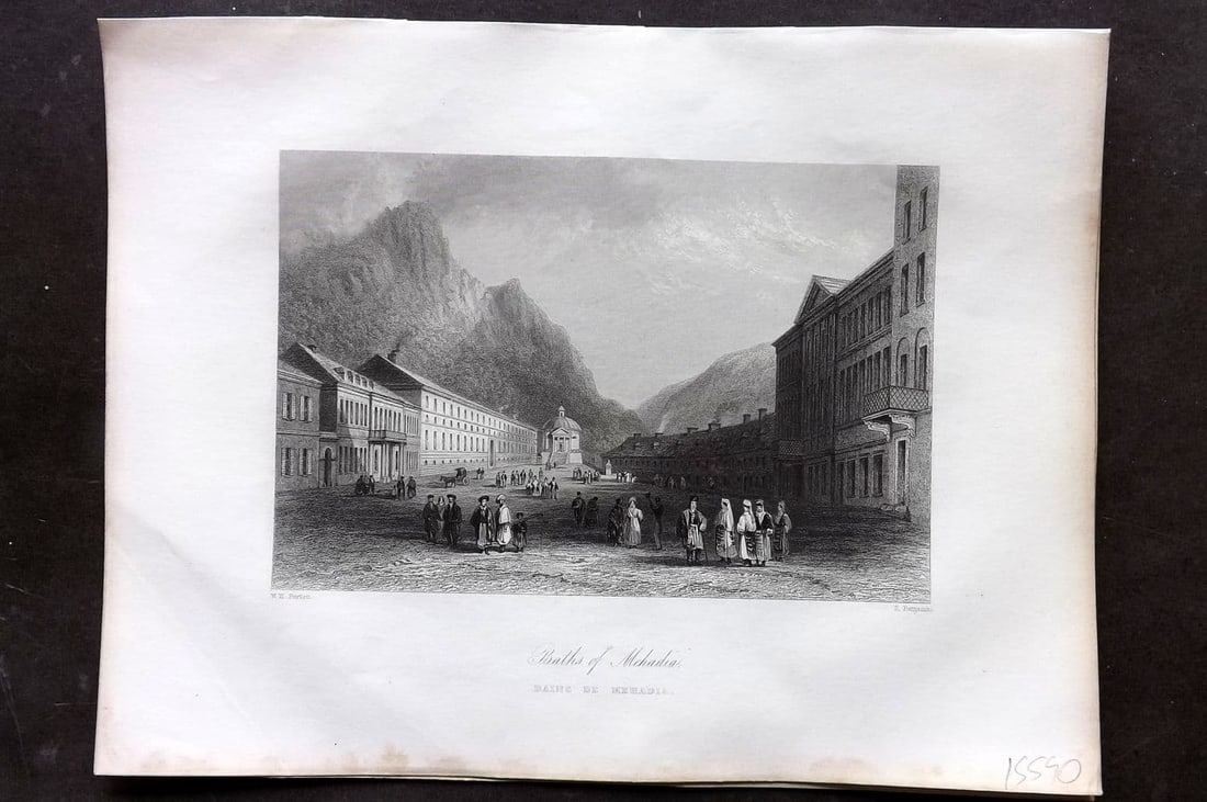 Bartlett Danube 1842 Antique Print. Baths of Mehadia, Romania: Antique Steel Engraving Published 1842-44, London for "The Danube, its History, Scenery, and Topography..." by William Beattie. Illustrated by William Henry Barrtlett. Paper Size: 10.5 x 8 inch (27 x 