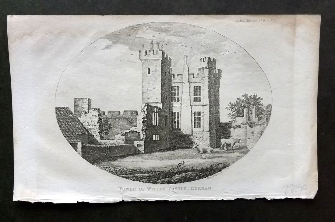 Gentleman's Mag. 1826 Print. Tower of Witton Castle, Durham: Antique Copper Plate Published London 1731-1833, London for "The Gentleman's Magazine. " by Various Contributors. Paper Size: 8 x 5 inch (21 x 13cm) Approx.Water stain in top margin, otherwise Good Co