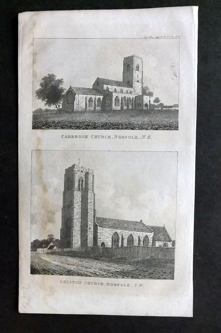 Gentleman's Mag. 1820's Print. Carbrook & Griston Church, Norfolk: Antique Copper Plate Published London 1731-1833, London for "The Gentleman's Magazine. " by Various Contributors. Paper Size: 8 x 5 inch (21 x 13cm) Approx. Water stain in left margin.