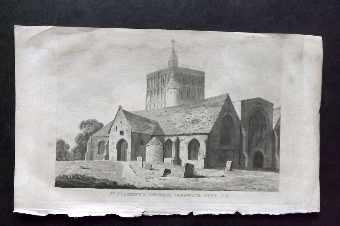 Gentleman's Mag. 1826 Print. St. Clement's Church, Sandwich, Kent: Antique Copper Plate Published London 1731-1833, London for "The Gentleman's Magazine. " by Various Contributors. Paper Size: 8 x 5 inch (21 x 13cm) Approx. Minor toning/water staining.