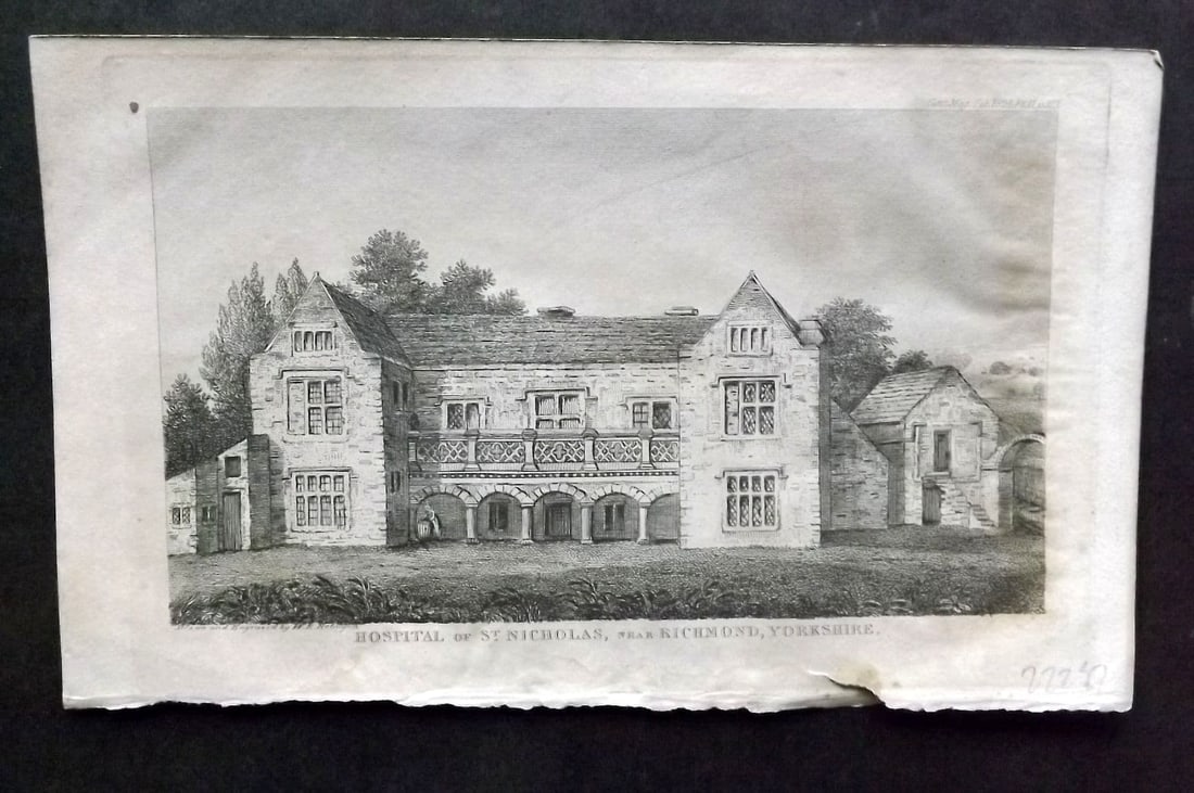 Gentleman's Mag. 1824 Print. Hospital of St. Nicholas near Richmond Yorkshire: Antique Copper Plate Published London 1731-1833, London for "The Gentleman's Magazine. " by Various Contributors. Paper Size: 8 x 5 inch (21 x 13cm) Approx. Some toning present.