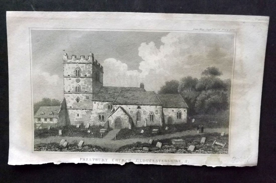 Gentleman's Mag. 1820's Print. Prestbury Church, Gloucestershire: Antique Copper Plate Published London 1731-1833, London for "The Gentleman's Magazine. " by Various Contributors. Paper Size: 8 x 5 inch (21 x 13cm) Approx. Some toning present. A little chipping to b